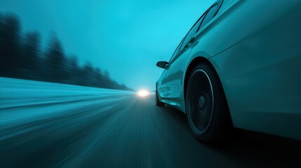 A car speeds down a snowy road, captured from a low angle perspective. The environment is illuminated with a subtle blue tint, creating a dramatic and dynamic atmosphere during early evening
