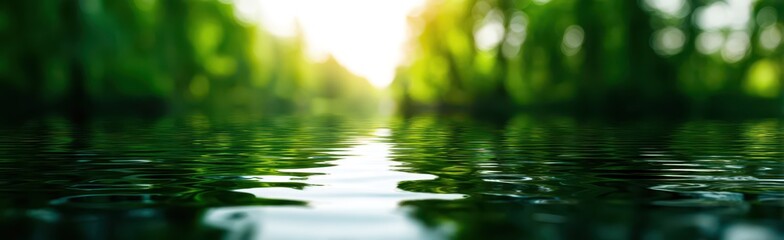 Sunlight glimmers on the calm water's surface as green trees surround the area, creating a peaceful and tranquil atmosphere ideal for relaxation