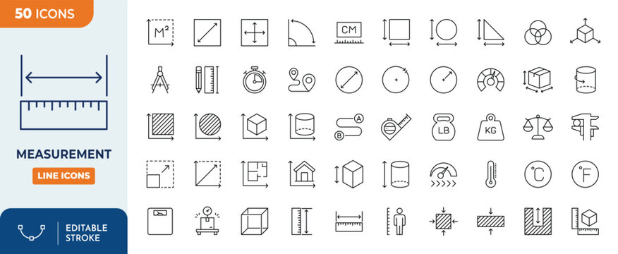 Measurement icon set. Contains related icons of Measurements, size, parameter, and more. Outline Icon Collection. Vector illustration. Editable stroke	