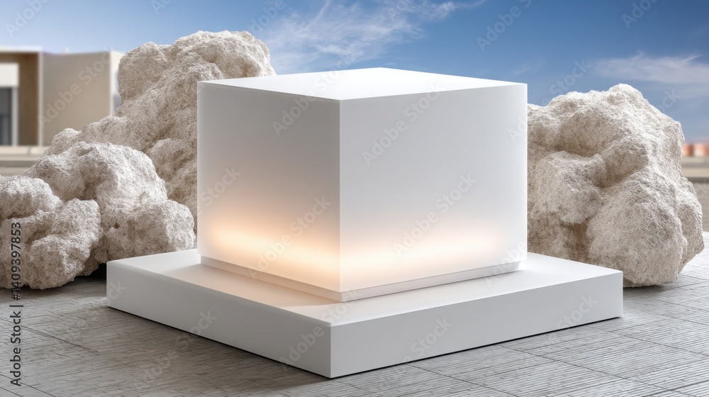 Poster a pure white cube set on a floating island symbolizing financial independence and conceptual securit