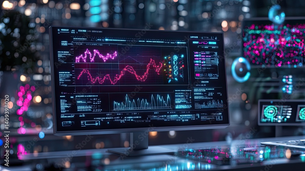 Poster advanced data visualization with colorful graphs and digital screens
