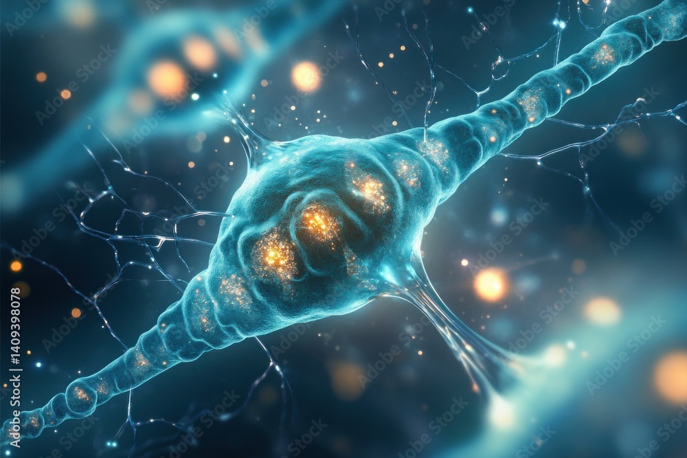Poster neural synapses and nerve cells communicating electrical signals in the brain and memory transfer
