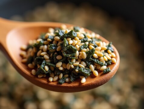 Japanese furikake seasoning blend on wooden spoon with seaweed and sesame seeds for culinary inspiration