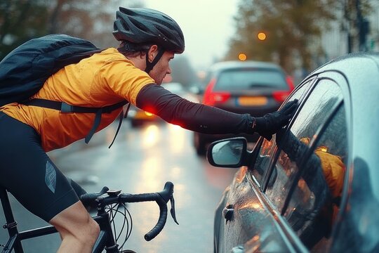 Confrontation on the Road Cyclist Gesturing at Driver