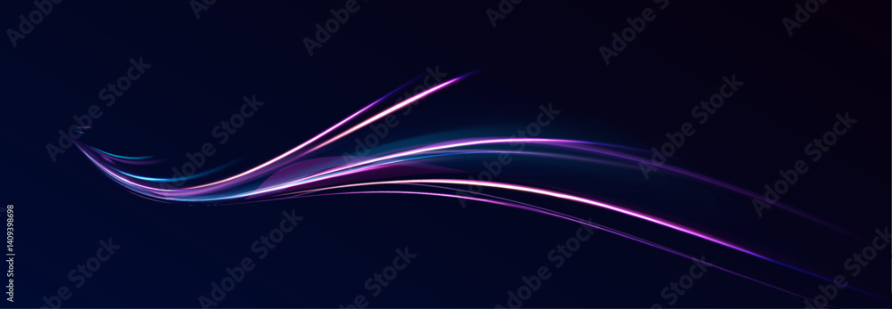 Poster glowing violet speed rays and sparkling lines form a neon network. dark background highlights dynami