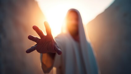 A hand extends toward you, symbolizing invitation and connection. The background glows with warm light, creating a peaceful and spiritual ambiance during twilight hours