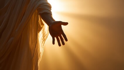 Soft light illuminates a close-up of Jesus' hand, extended gracefully as if inviting connection or comfort. The warm golden tones envelop it, enhancing the spiritual atmosphere