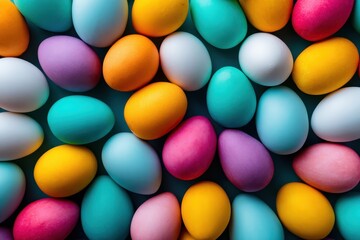 Delightful assortment of colorful Easter eggs is arranged in a striking pattern, showcasing shades of blue, pink, yellow, and white during a festive spring celebration