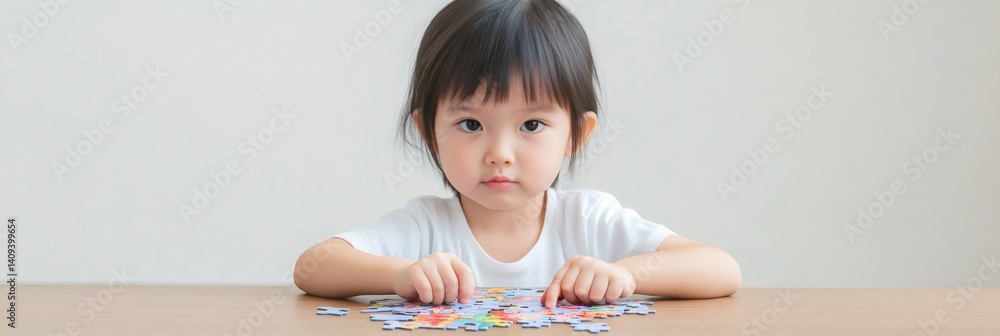 Aufkleber Concentrated preschool child playing with colorful jigsaw puzzle pieces sitting at wooden table, developing problem solving skills and hand eye coordination in playful learning activity