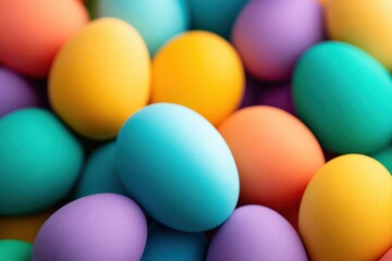 A collection of colorful Easter eggs is artfully arranged in various lively shades of blue, purple, orange, and yellow, perfect for spring festivities and holiday traditions