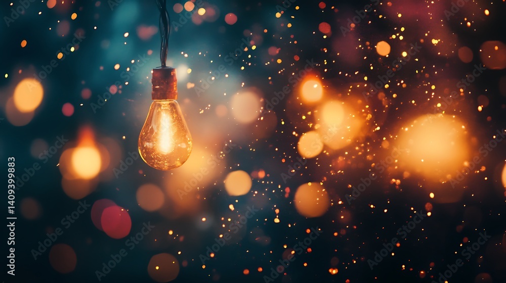 Poster glowing light bulb with bokeh effect and sparkles in dark atmosphere
