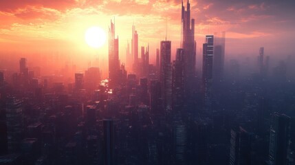 Fototapeta premium futuristic cityscape cyberpunk skyline with skyscrapers and sunset