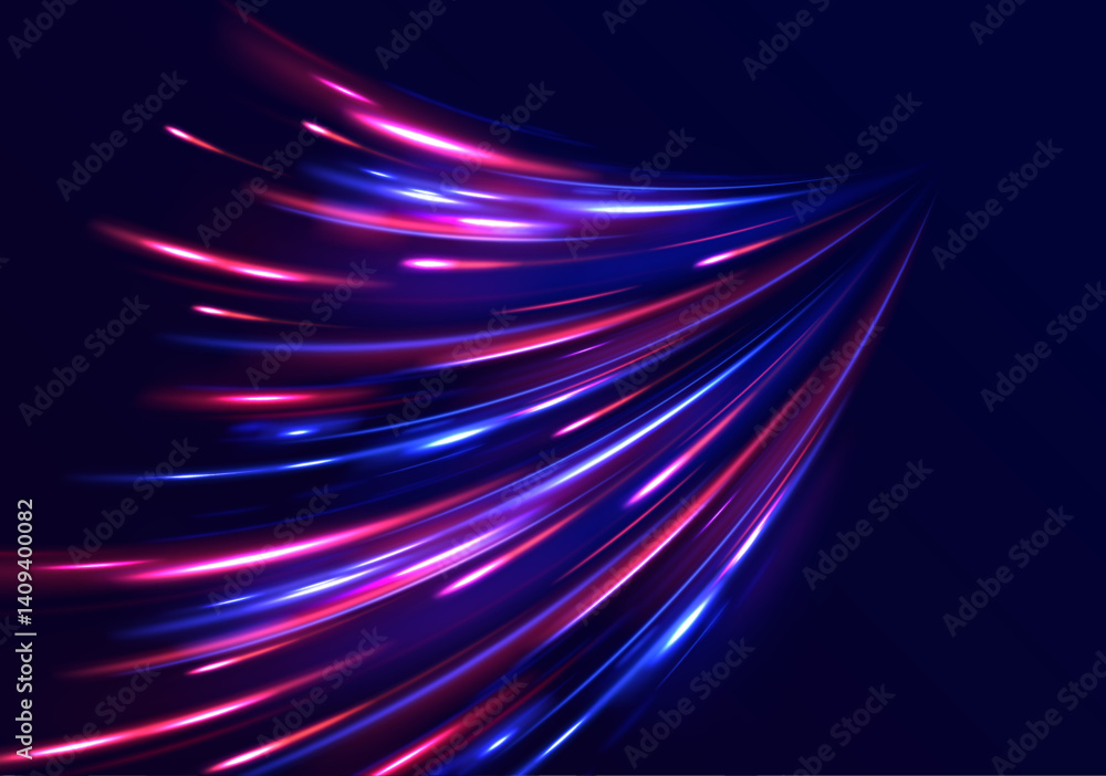 Poster abstract fast moving glowing neon particle created blue light curve line motion, digital futuristic 