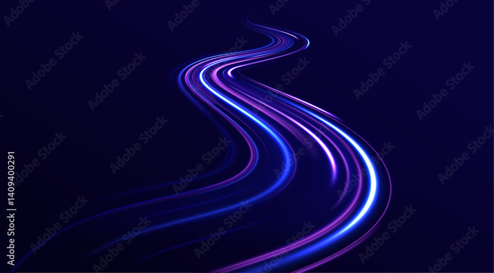 Poster blue glowing lines flow in an abstract air motion effect. vector radial spirals combine with light s