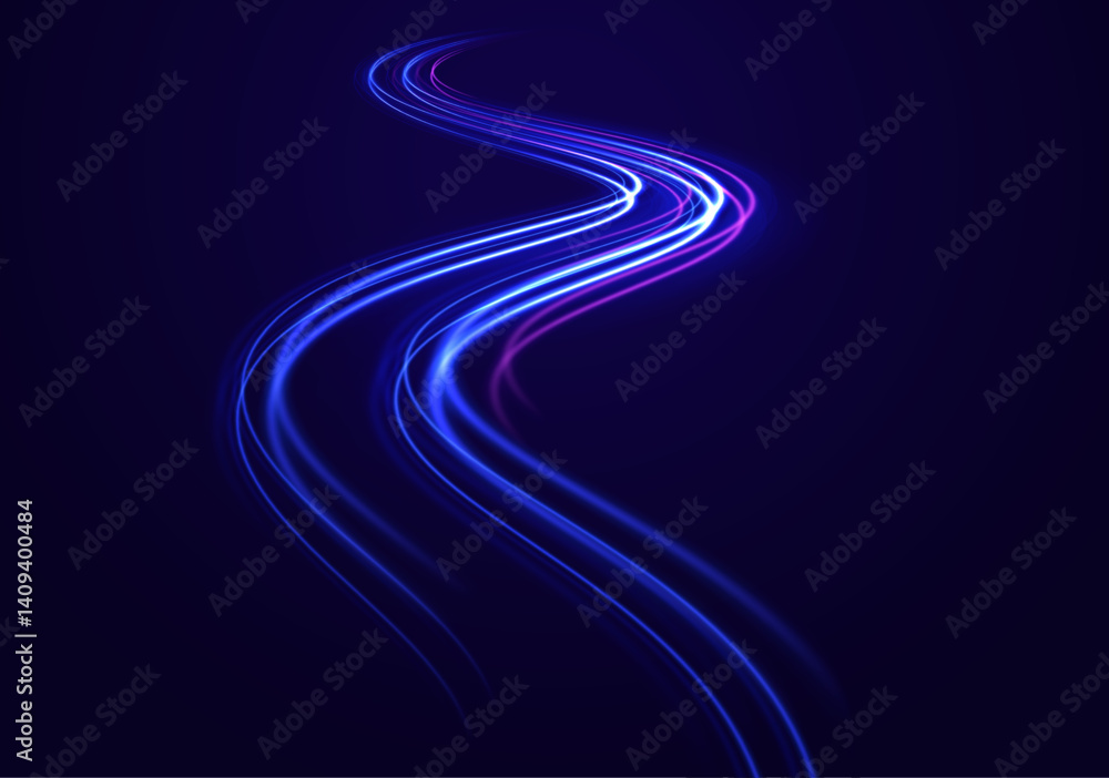 Poster abstract fast moving glowing neon particle created blue light curve line motion, digital futuristic 