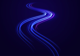 Abstract fast moving glowing neon particle created blue light curve line motion, digital futuristic internet data speed. Expressway, the effect of car headlights. Low-poly construction of fine lines.	
