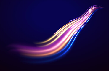 Night motorway with neon purple, blue, and red light effects. Abstract futuristic background with vibrant glowing lines and speed visuals.