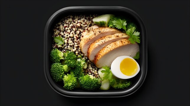 A Black Plastic Container With A Chicken Breast, Broccoli, And An Egg (ai image)