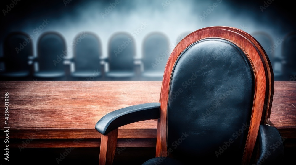 Poster simple yet elegant chair and table setup illuminated by soft spotlight in a foggy environment emphas