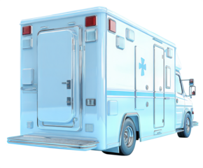 A 3D icon of a detailed ambulance with red emergency markings, isolated on a white background. This design features lights, sirens, and a modern medical vehicle silhouette.