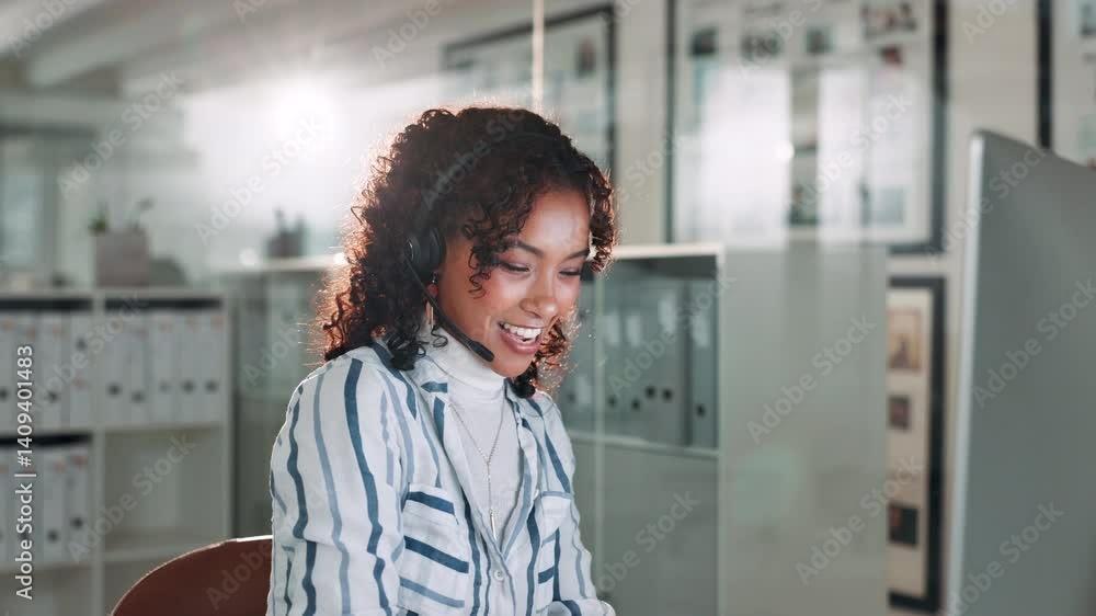Aufkleber Computer, contact us and headset with woman in call center for help or online assistance. Communication, conversation and customer support with employee in office for feedback as virtual assistant