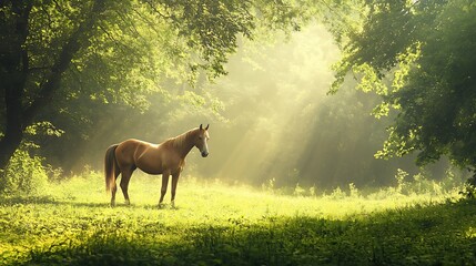 Fototapeta premium Golden Sunlight Illuminates Horse Standing In Lush Green Field During Summer