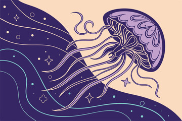 Illustration of a jellyfish on a background of waves and stars