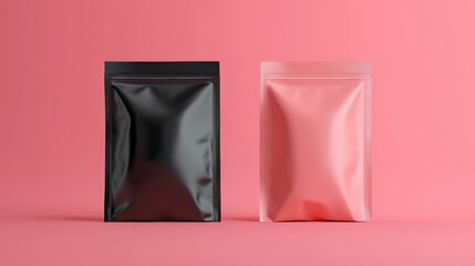 Black and Coral Foil Stand-Up Pouches on Pink Background
