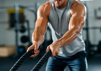 Athletic man engaging in intense battle rope workout in gym