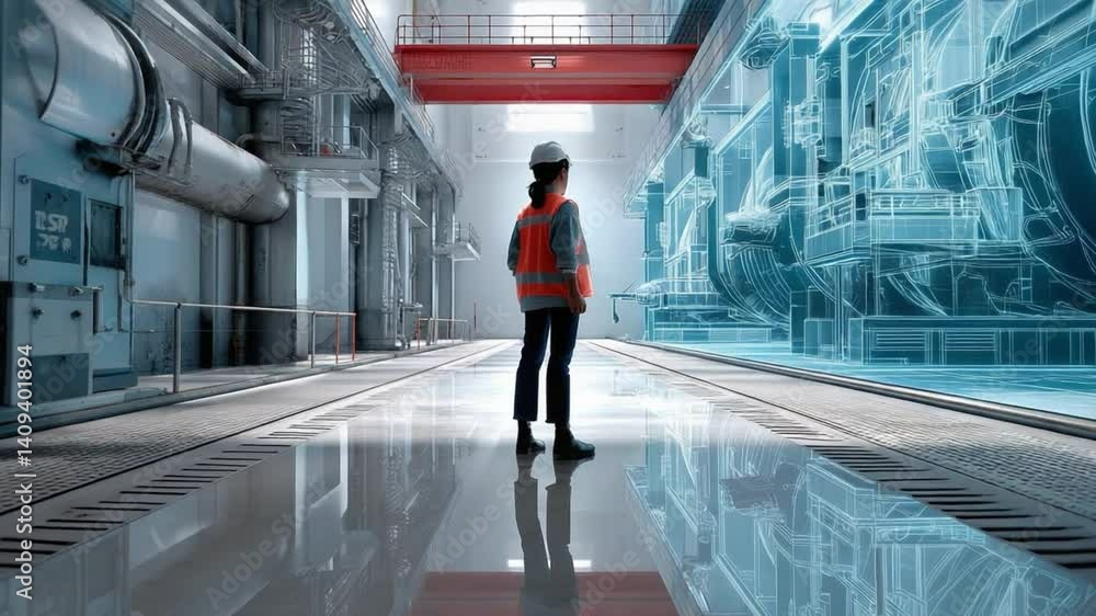 Poster precision and power: a reflective view of an engineer overseeing a power plant's intricate workings,