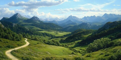 Fototapeta premium Serene Hills and Distant Mountains in a Lush Landscape