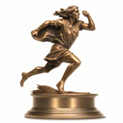 A beautiful bronze statue depicting a woman running on a white background