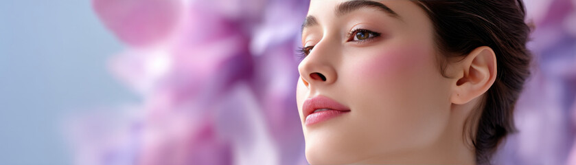 Fototapeta premium woman with soft makeup and serene expression against blurred floral background
