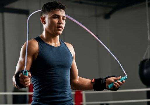 Young athletic man skipping rope in gym with focused expression