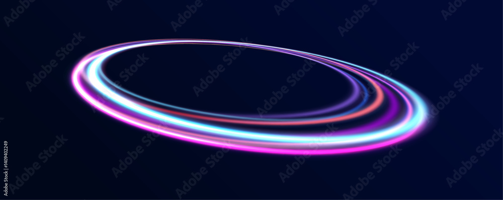 Poster a neon wave swirls in circular motion. gradients blend from pink to blue in perfect harmony. this ve