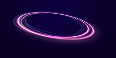 Energy flow tunnel. Blue portal, platform. Brilliant galaxy light blue ellipse glowing podium. Abstract bright neon loop with transparency. Night road speed illustration.