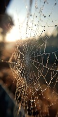 Spiderweb with dew drops glistening in sunlight against blurred background.