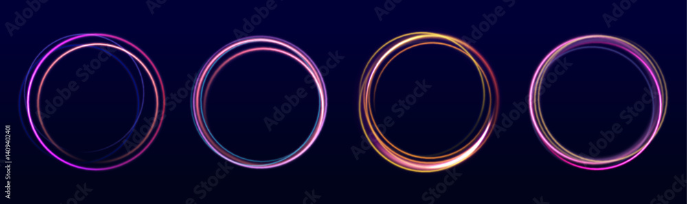 Poster circular frames shimmer with radiant energy. particles float and glow in a smooth swirl. a dynamic s