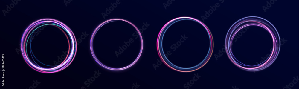 Poster neon light circle of speed in the form of a round whirlpool. curve blue line light effect. luminous 