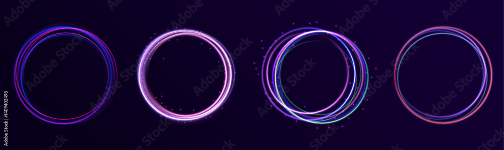 Poster circular frames shimmer with radiant energy. particles float and glow in a smooth swirl. a dynamic s