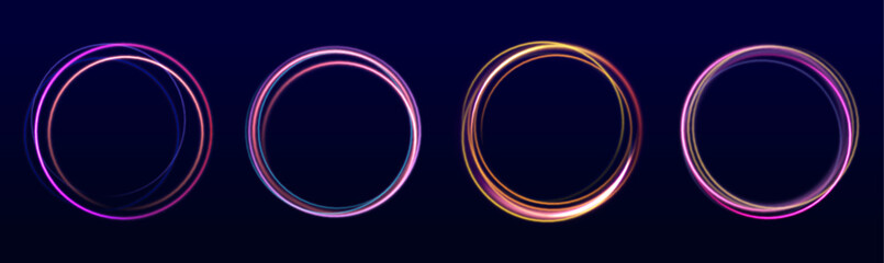 Circular frames shimmer with radiant energy. Particles float and glow in a smooth swirl. A dynamic scene of motion and light.