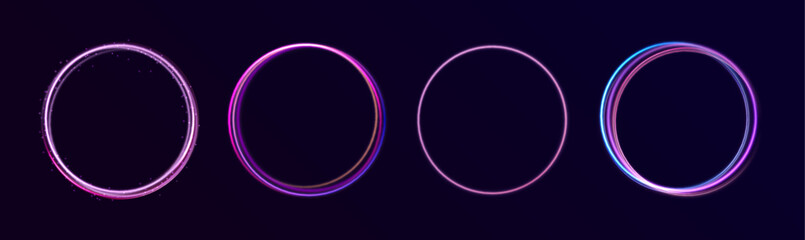 Neon light circle of speed in the form of a round whirlpool. Curve blue line light effect. Luminous spiral round frame.	