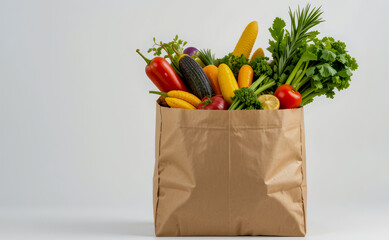 brown paper bag filled with a variety of vegetables. The bag is placed on a table