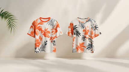 Floating Tropical Print Tees:  Cream Background, Orange & Teal Floral Design
