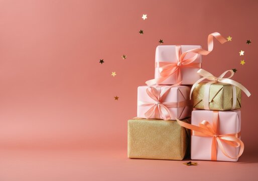 Elegant pink and gold gift boxes with ribbons and star confetti on peach background