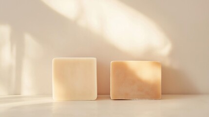 Two rectangular objects on a white surface. the objects are made of a light-colored material, possibly soap or lotion, and are placed side by side.