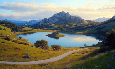 Fototapeta premium Tranquil Lake Surrounded by Rolling Hills and Greenery