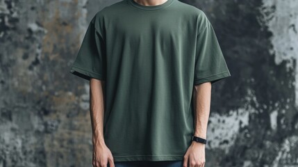 Olive Green Oversized T-Shirt on Male Model Against Grungy Concrete Wall