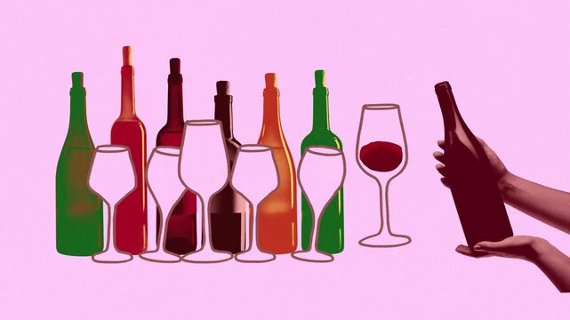 Hand pouring red wine into different size of glasses standing in a line with bottles behind. Stop motion, animation. Concept of drink, winery, taste, party, wine and dine, restaurant