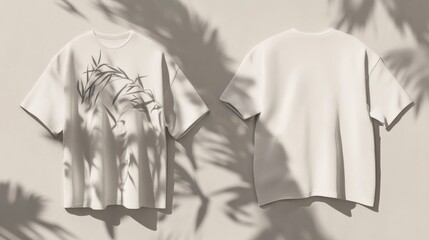 Monochromatic Botanical Print T-Shirt Mockup: Front & Back Views with Shadow Overlay